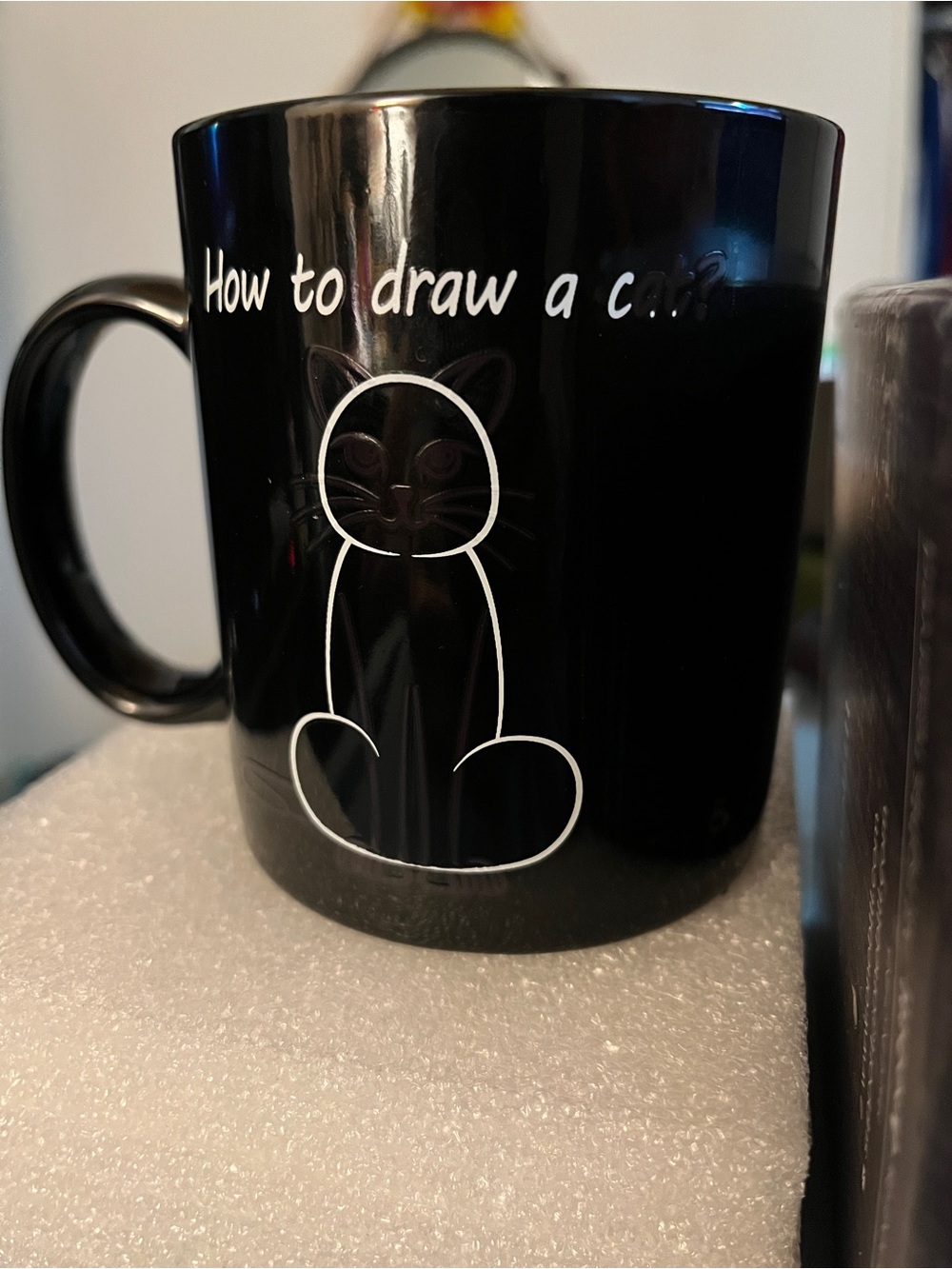 Onebttl Black Ceramic Mug with White Cat Outline – 'How to Draw a Cat' Design